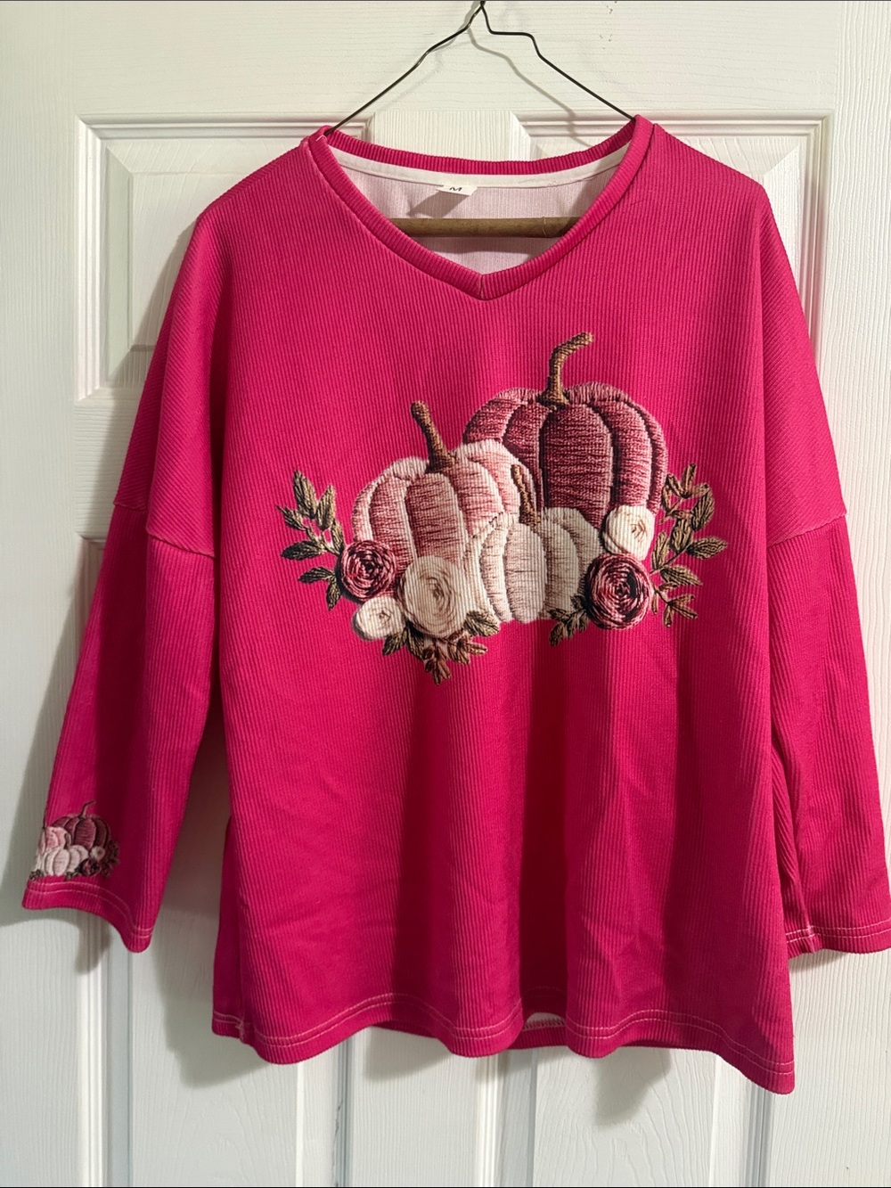 Hot Pink V-Neck Sweatshirt with Embroidered Pumpkins